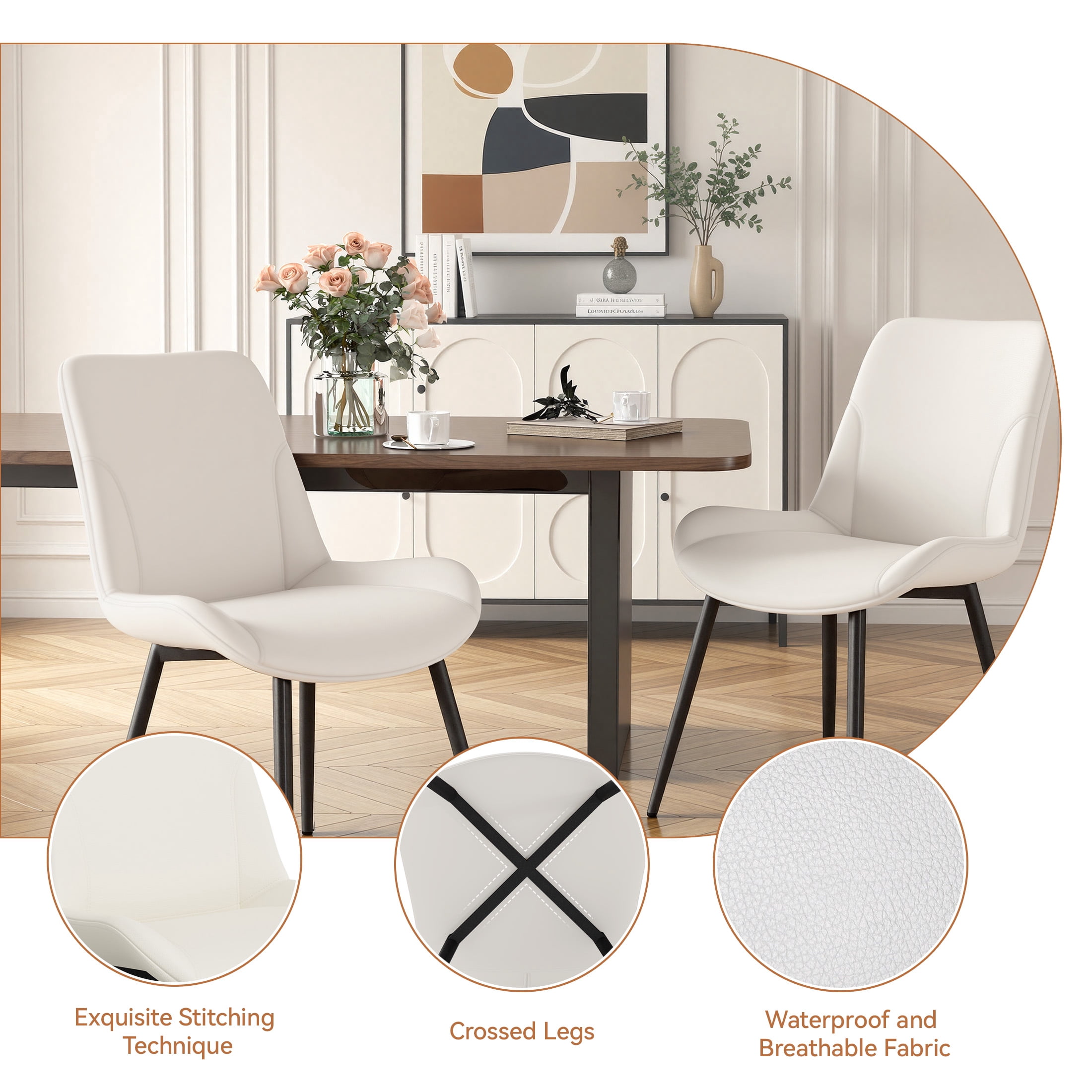 MOONMISS Dining Chair Set of 2,Upholstered with Ergonomic Backrest Metal Legs for Kitchen Office Reading,Beige