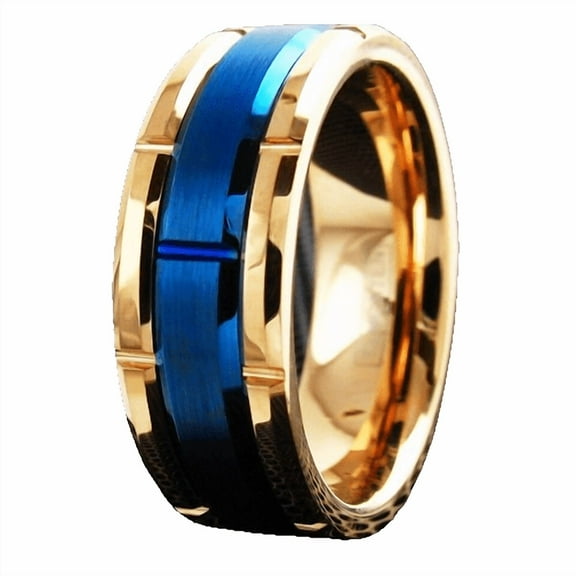 Tungsten Carbide Rings for Men Wedding Bands for Him 8mm Rose Gold Plated Brushed Blue