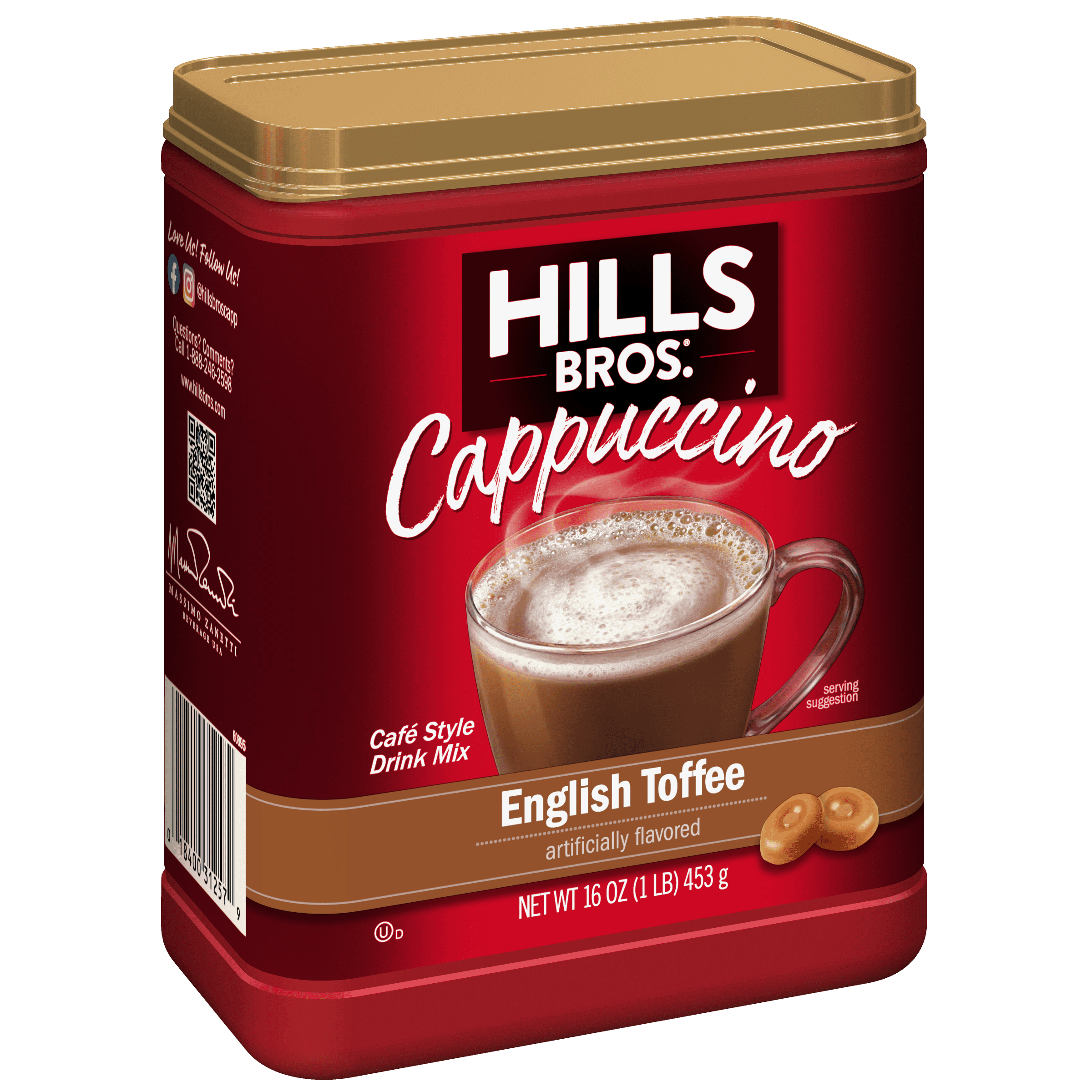 (4 pack) Hills Bros. English Toffee Cappuccino Instant Coffee Mix, 16 Ounce Canister