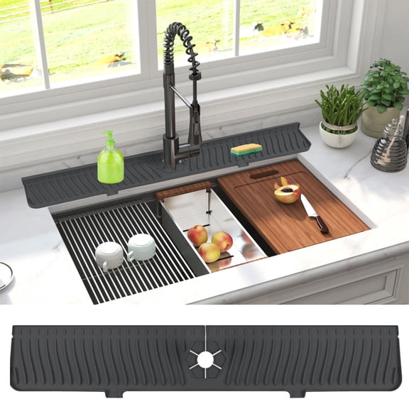 Sink Splash Guard Mat Silicone, 30 Inch Longer Faucet Drip Catcher Tray, Countertop Protector Mat with Automatic Drain Outlets for Kitchen Sink and Bathroom Vanity, Black