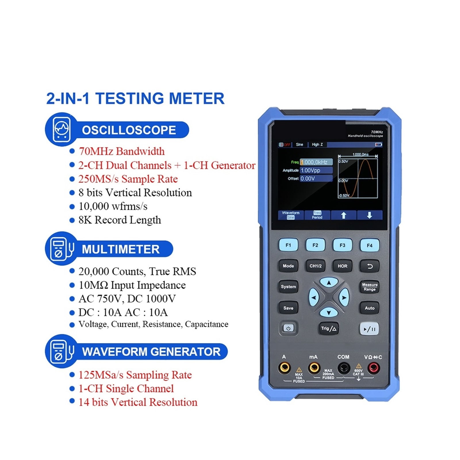 2102S 272S 242S Handheld Digital Oscilloscope 100MHz Bandwidth 500MS 2CH + 1CH Generator Multimeter ,Professional Designed