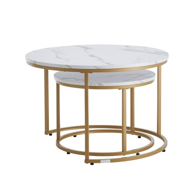 KFFKFF Nesting Coffee Table Set of 2, 27.6 in Round Coffee Table, Nesting Tables for Small Place, Vintage End Side Tables Night Stand with Metal Frame, (White & Gold)