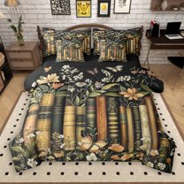 Manfei Kids Vintage Books 7-Piece Twin Bedding Sets, Hippie Bohemian Butterfly Bedding Comforter Set, Western Mid Century Reversible Sheet Sets, Microfiber Bedroom Decor