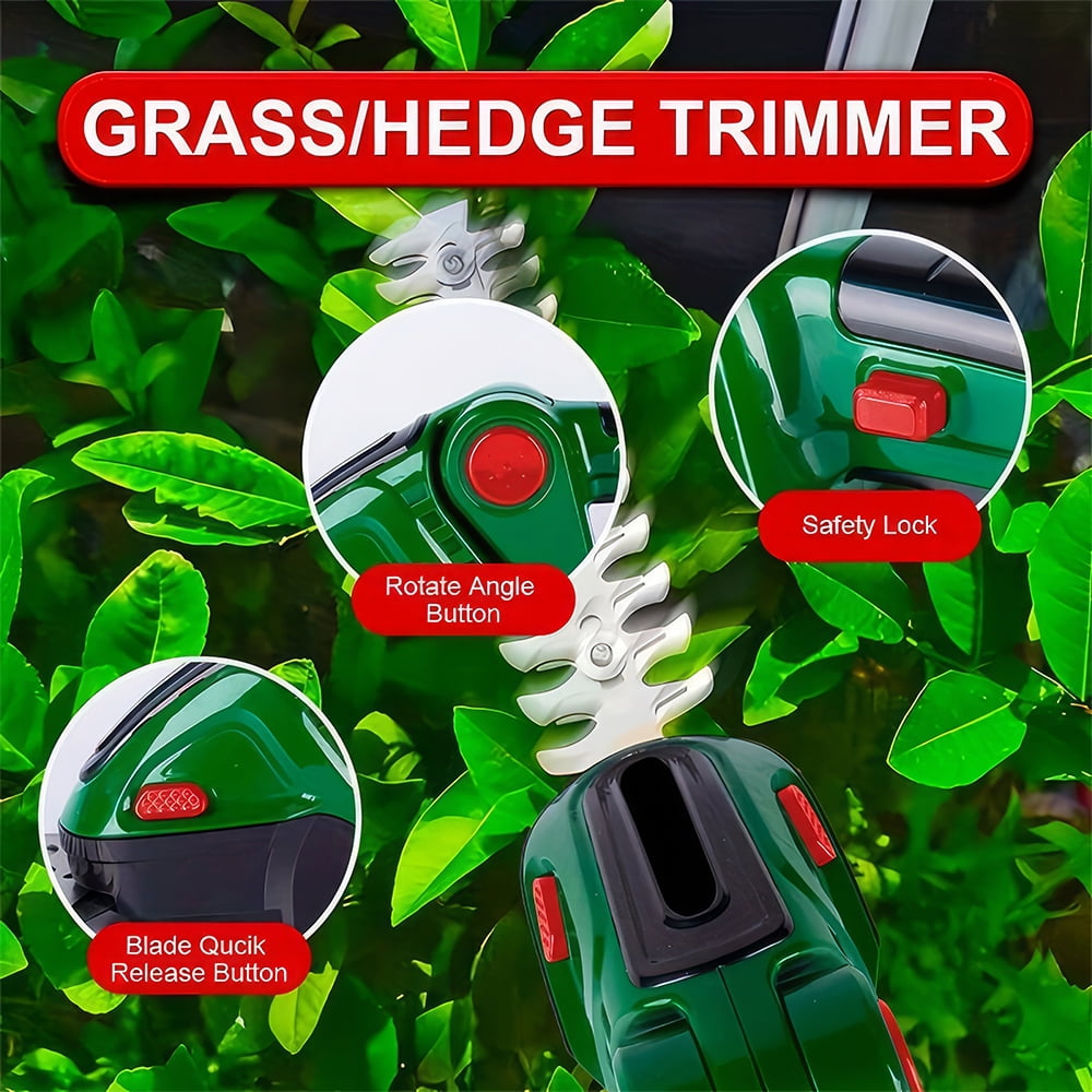 PEPWELL Cordless Grass Shear & Shrubbery Trimmer, 2-in-1 Electric Shrub Trimmer Grass Shears Handheld Grass Cutter, Hedge Shear with 2 PCS Rechargeable Battery and Charger for Garden, Lawn