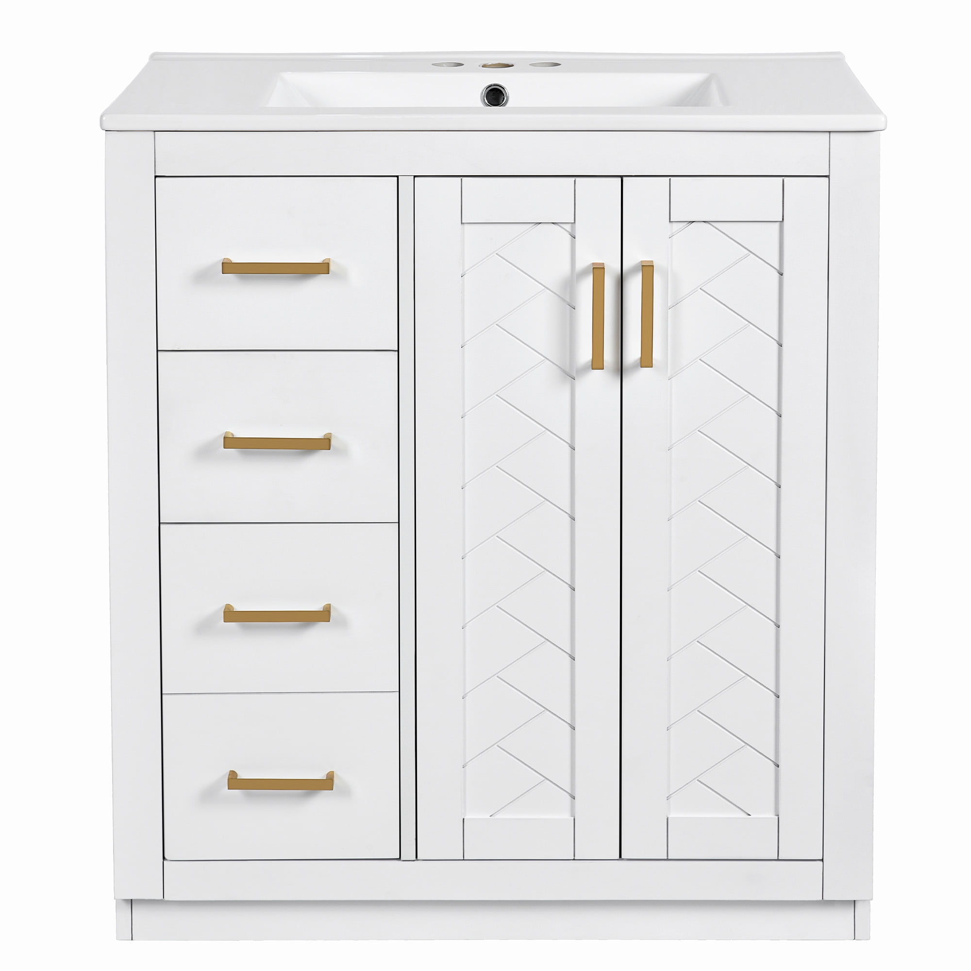 SogesPower 30" Bathroom Vanity with Ceramic Sink, Solid Wood Bathroom Makeup Cabinet with One Cabinet and 3 Drawers, FreeStanding Single Basin Vanity Set for Bathroom, White