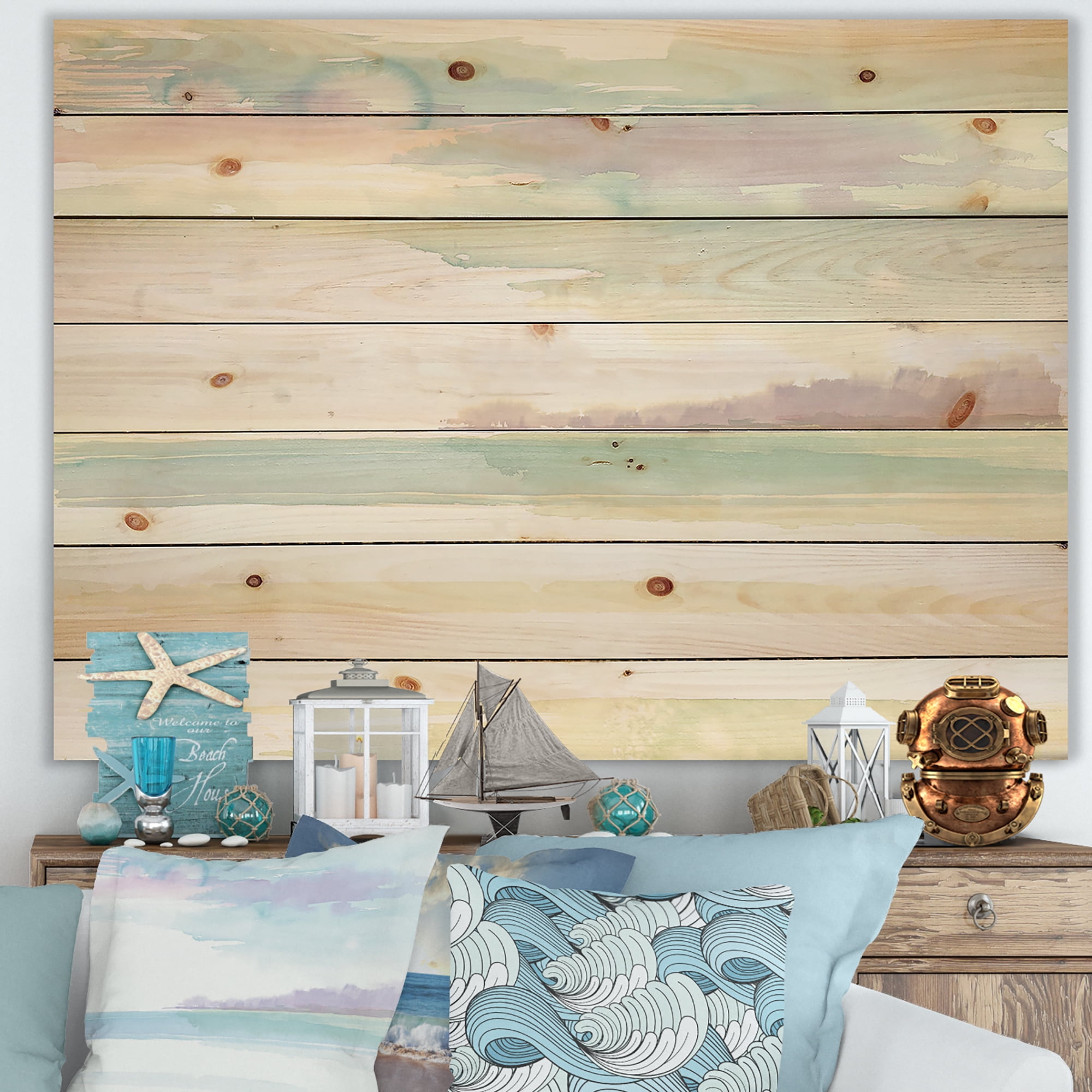 Designart 'Horizon' Coastal Print on Natural Pine Wood