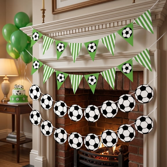 GOOHOCHY 4-Pack Soccer Party Decorations, Football Triangle Flags for Sports Birthday Celebration Supplies