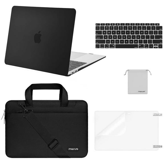 Mosiso 5 in 1 MacBook Air 13 inch Case 2022 2021 2020 2019 2018 Release A2337 M1 A2179 A1932 Touch ID,Plastic Hard Shell&Shoulder Bag&Keyboard Cover&Screen Protector&Pouch, Black