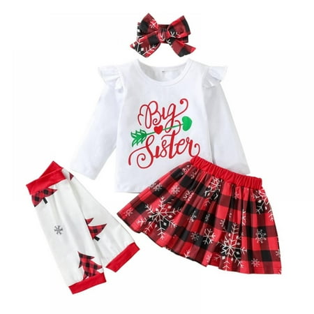 

SYNPOS Little Sister Big Sister Outfits Matching Set Baby Girl Romper Plaid Skirt Leg Warmers Headband 4PCS Clothes Set