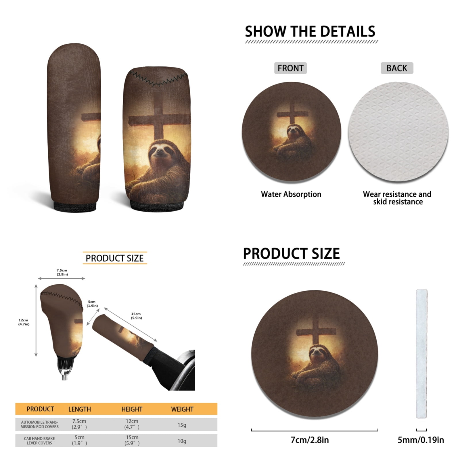 Yuyamidu Sloth Car Seat Covers Full Set of 15 Cross Car Floor Mats Auto Steering Wheel Cover Seatbelt Covers Handbrake Sets Cup Coasters Brown Auto Accessory Decor