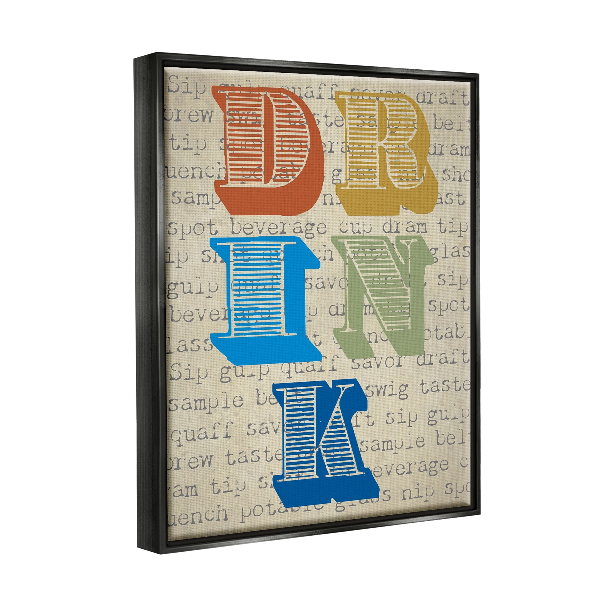Stupell Industries Drink Antique Stamp Style Typography Kitchen Words Graphic Art Jet Black Floating Framed Canvas Print Wall Art, Design by Graffitee Studios