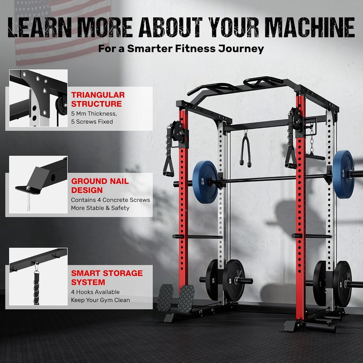Power Cage, 2000LBS Squat Rack with with Cable Crossover and Dual Independent Pulley System, Full Cage for Full Body Training, Power Rack with More Training Attachments for Home Gym