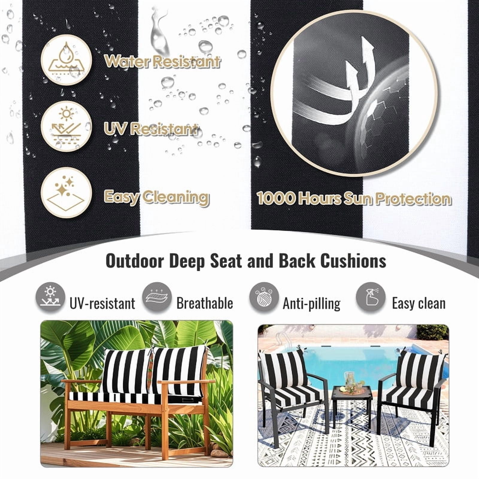 SDJPOI 2 Set Outdoor Deep Seat Cushions, 24"x24"X4.3" Waterproof Fade-Resistant Patio Furniture Cushions with Removable Covers & Adjustable Ties for Chairs, Sofa, Couch