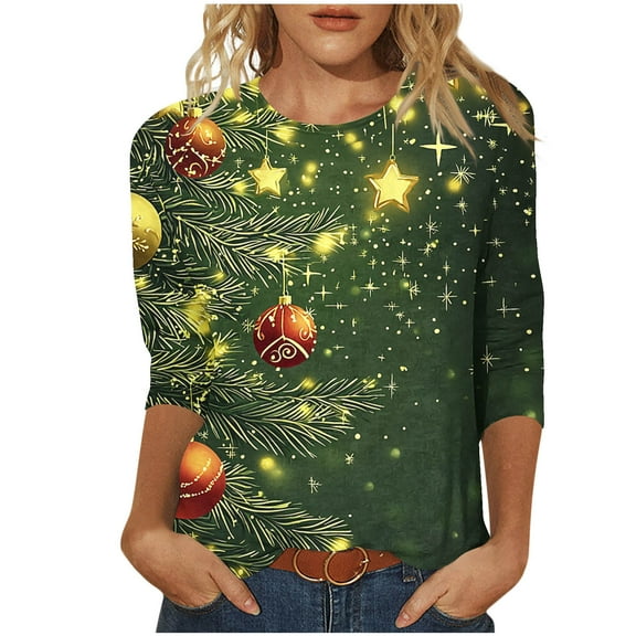 LiMoi Women's Christmas Tops for Women 3/4 Sleeve Round Neck with Holiday Print Tees Tshirts My Items