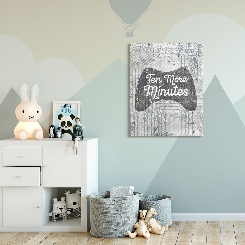 Stupell Industries Ten More Minutes Video Game Controller Gaming Grey White Words Canvas Wall Art Design by Daphne Polselli, 36" x 48"