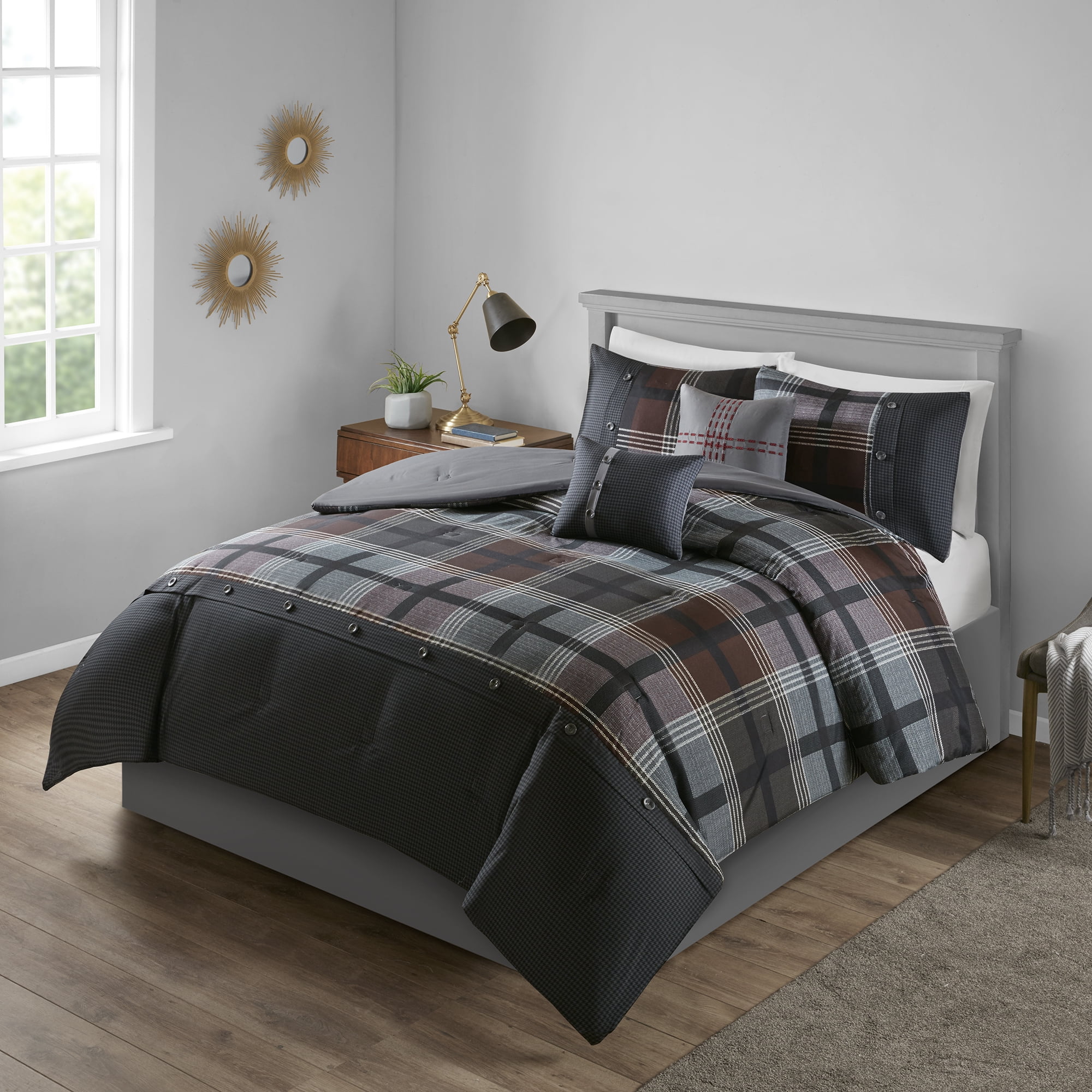 Mainstays Estrella Plaid Printed Comforter Bedding Set Com
