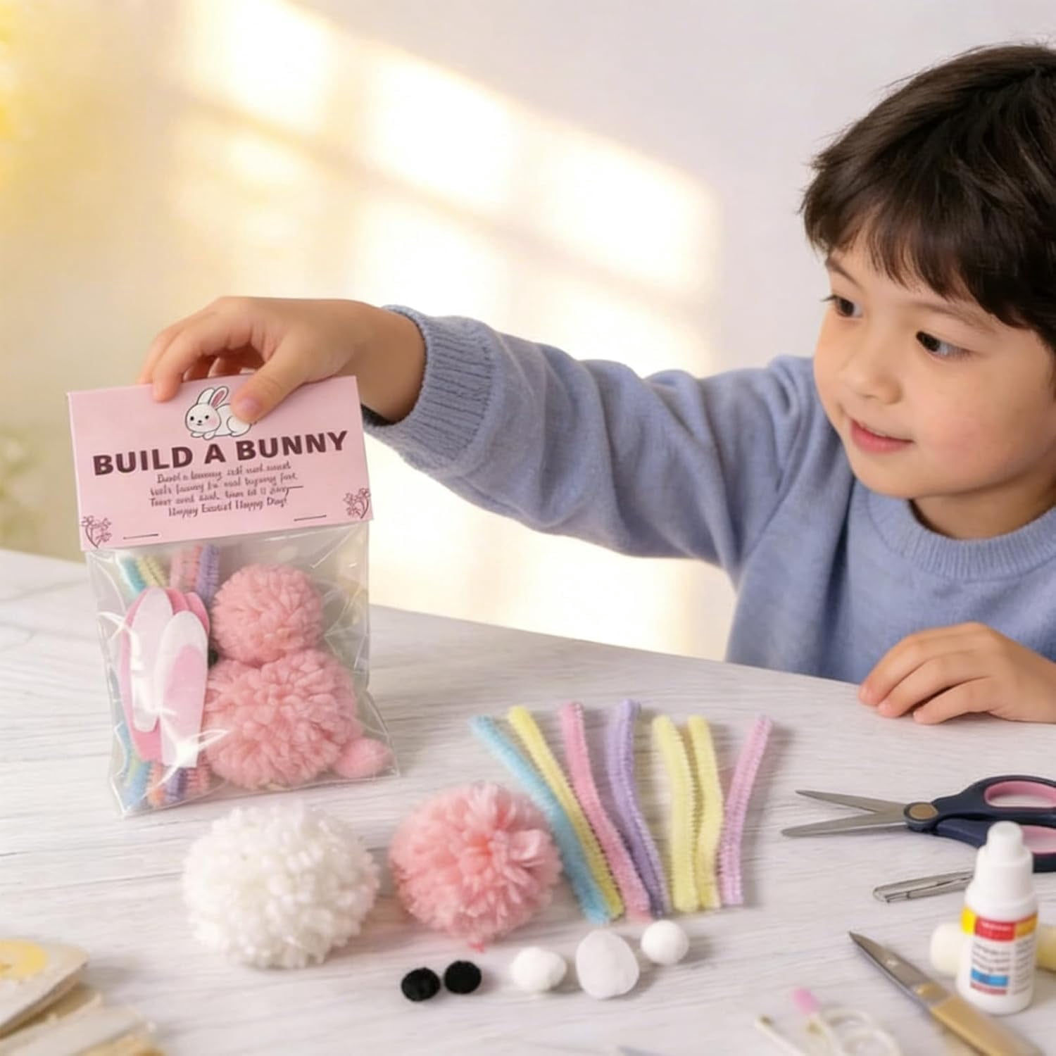 Build a Bunny Easter Craft Kit (1/4 Pack), DIY Make Your Own Stuffed Fluffy Rabbit with Pom Poms and Felt Ears, Spring Party Favors Basket Stuffer