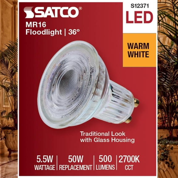Satco S12371 MR16 LED Flood Light Bulbs 120V 5.5W 2700K GU10 Base Dimmable (12 Pack)