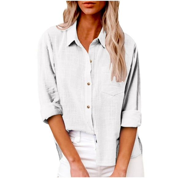 Yuyuzo Womens Button Down Cotton Linen Shirts V Neck Roll Up Long Sleeve Blouses Loose Collared Shirt Casual Work Tunics Tops White