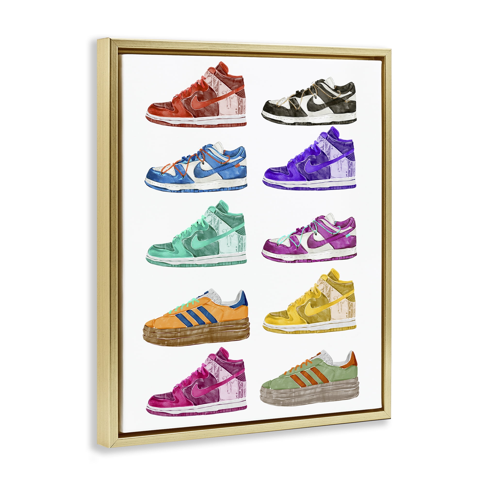 Stupell Industries Fashion Sneakers Assortment Fashion Painting Gold Floater Framed Canvas Art Print Wall Art, 17 x 21