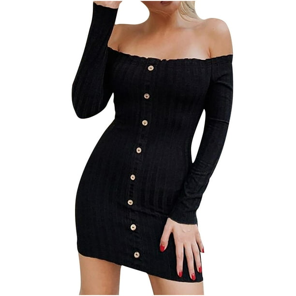 Vestido de mujer con hombros descubiertos, manga larga, un solo pecho, ajustado, bolsa, cadera, longitud media, vestido Fridja nbo1365