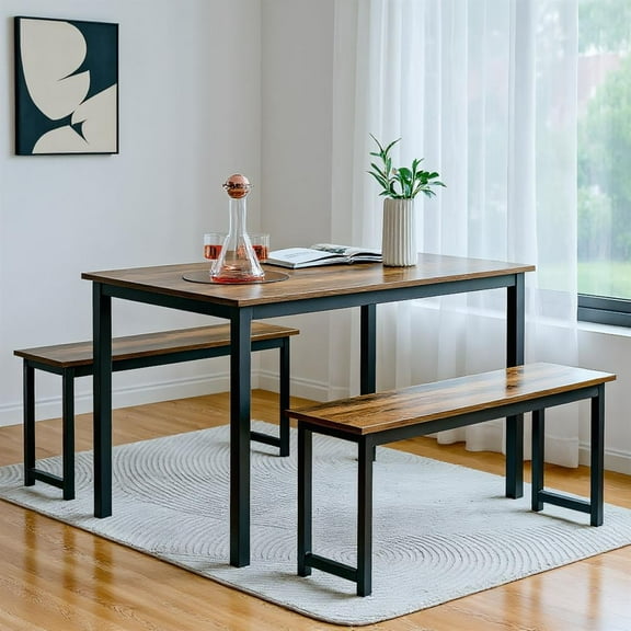 Topcobe 3 Pieces Dining Table Set with 2 Benches for Dining Room Kitchen Bar, Living Dining Room Furniture Set, Brown