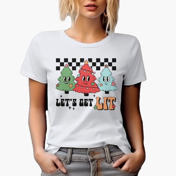 Let's Get Lit, Retro Christmas Trees & Lights Art Merch Gift, White T-Shirt, Small