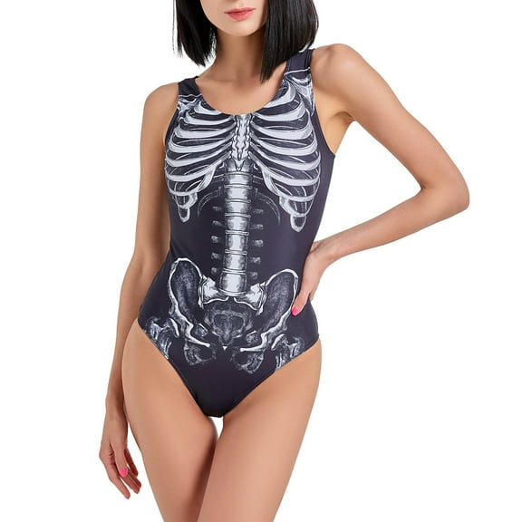 Women Swimsuits for Women Gothic Dark Style White Skeleton Pattern Bathing Suit Tummy Control One-piece Swimwear