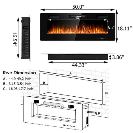 Costway 50 Electric Fireplace, Electric Fireplace Recessed Ultra Thin Wall Mounted Heater Multicolor Flame
