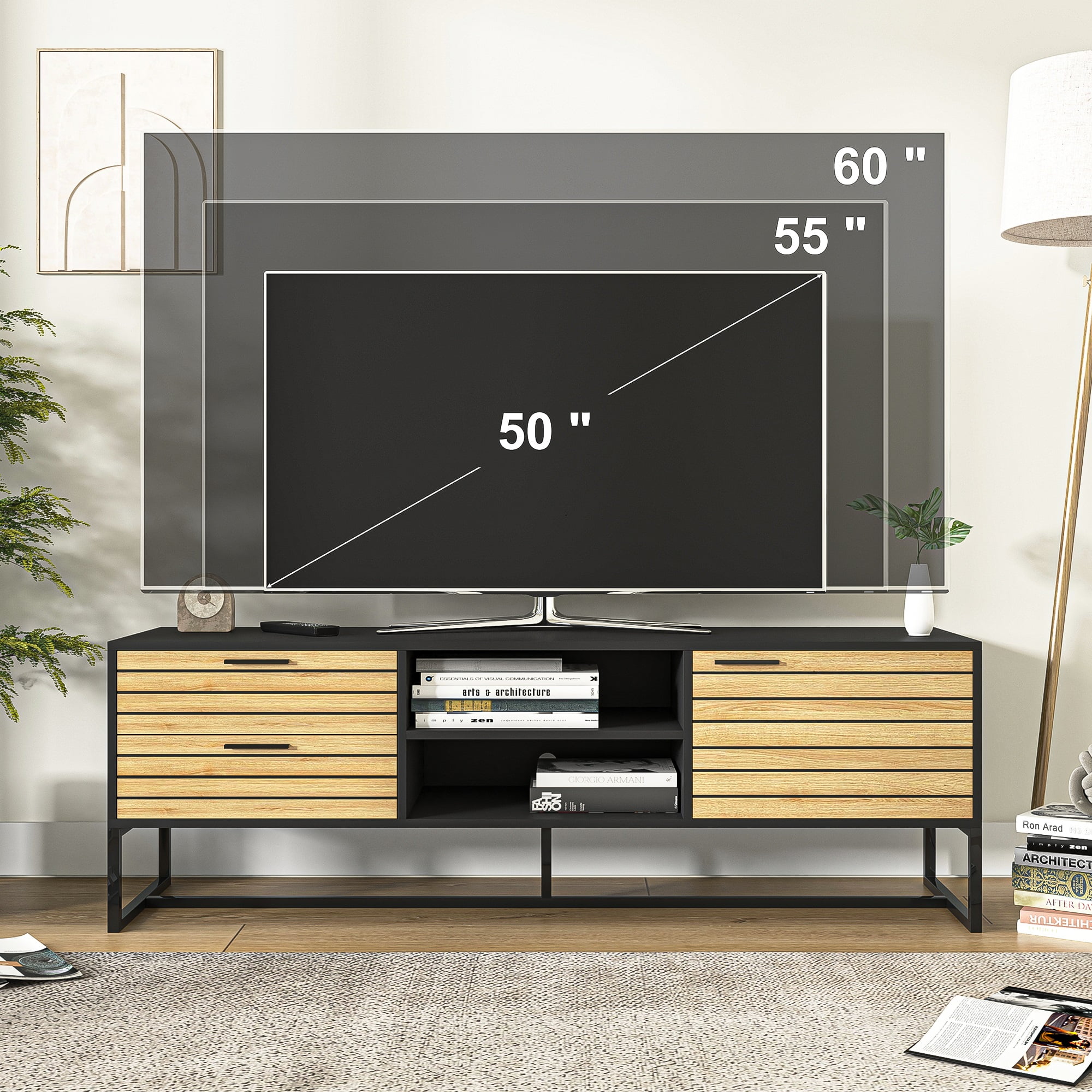YYAo Mid Century Modern 65" Door Shelf TV Stand, Wood Universal TV Stand with Storage Cabinets and 3 Drawer, Natural YYAo Mid Century Modern 65" Door Shelf TV Stand, Wood Universal TV Stand with Storage Cabinets and 3 Drawer, Natural