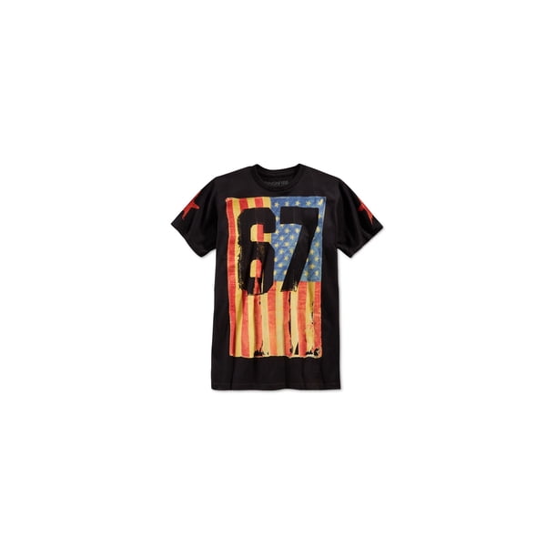Camiseta gráfica Ring Of Fire para hombre con bandera triturada 67 color negro pequeña