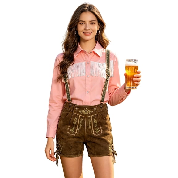 Unir Western Fringe Long Sleeve Shirt for Women, Button Up Collared, Casual Oktoberfest Pink Top, 1 Piece, S-XXXL, Plus Size Friendly