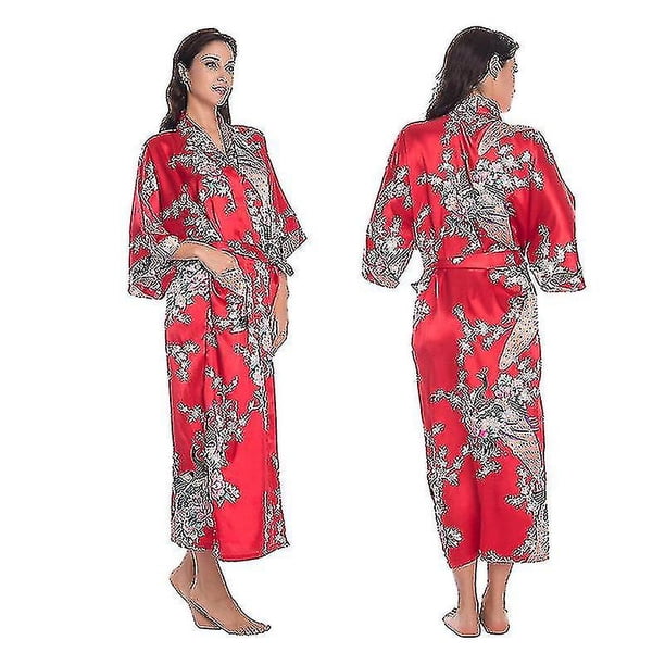 Bata tipo kimono de satén suave con estampado floral para mujer, albornoz de boda, ropa de dormir