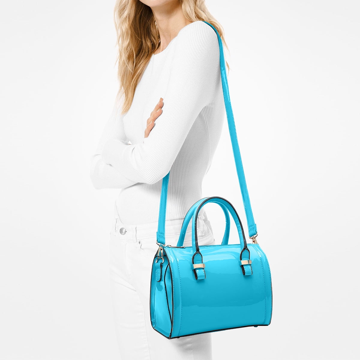 Shiny Patent Faux Leather Handbags Barrel Top Handle Purse Satchel Bag Shoulder Bag for Women