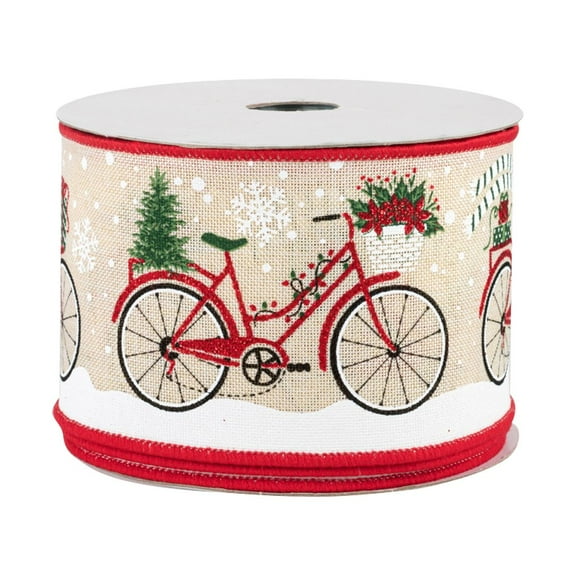 Christmas Bicycle Wired Edge Ribbon - 2 1/2" x 10 Yards, Red Stitched Edges, White Snowflakes, Gifts, Presents, Scarf, Wreath, Bows
