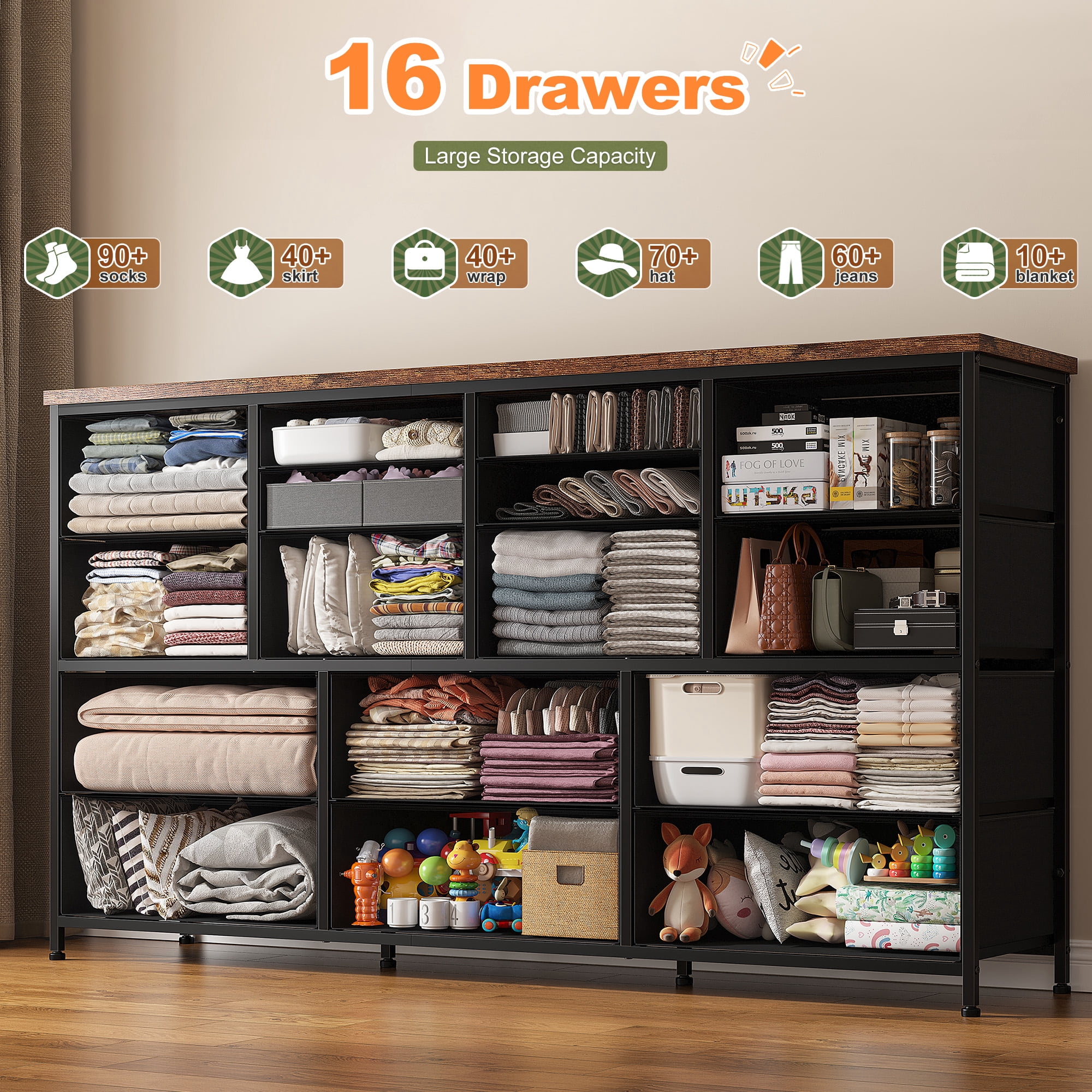 Romorgniz Dresser for Bedroom with 16 Drawers for Closet Fabric Dressers & Chests of Drawers TV Stand with Charging Station, Rustic Brown