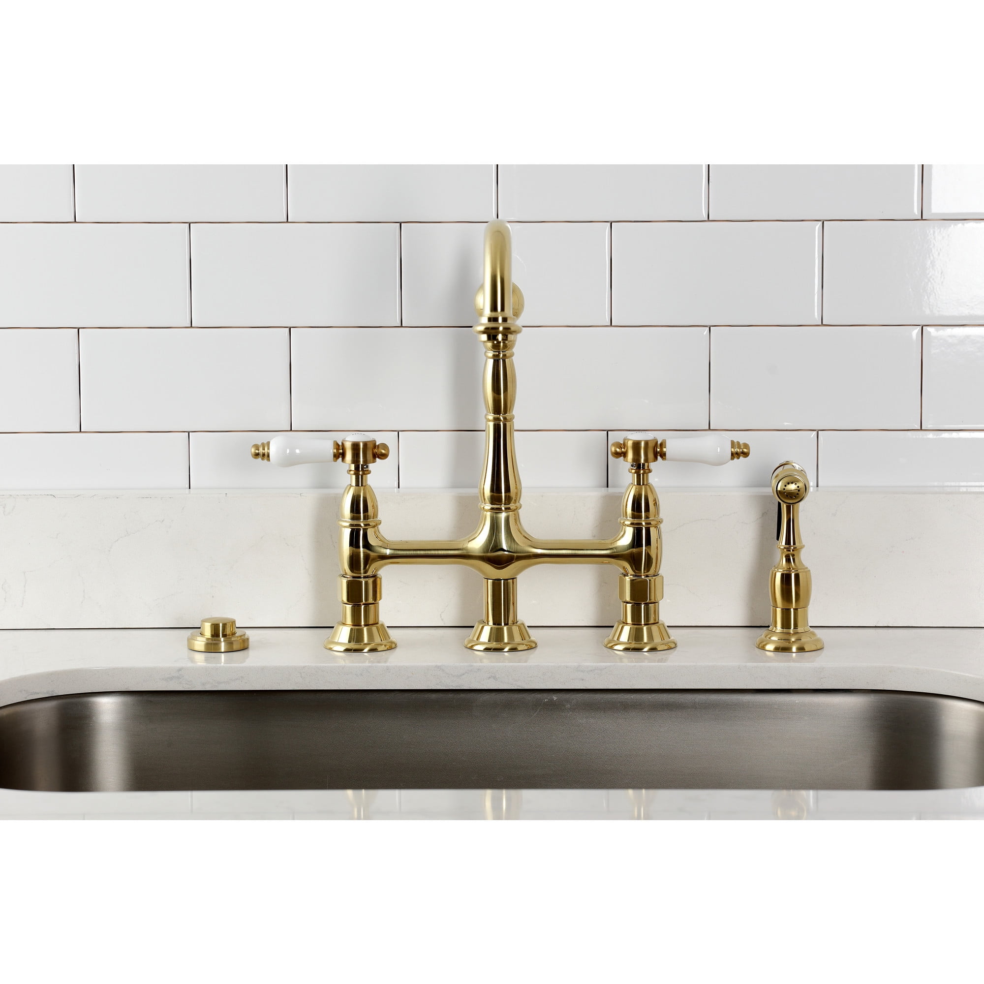 Kingston Brass KS1277BPLBS Bel-Air Bridge Kitchen Faucet with Brass Side Sprayer, Brushed Brass