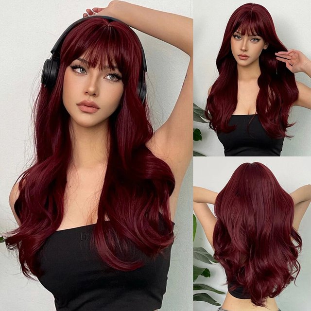 Peluca de cabello sintético con flequillo para mujer, pelo largo ondulado Natural, marrón a rubio, ombré, Cosplay, resistente al calor diario