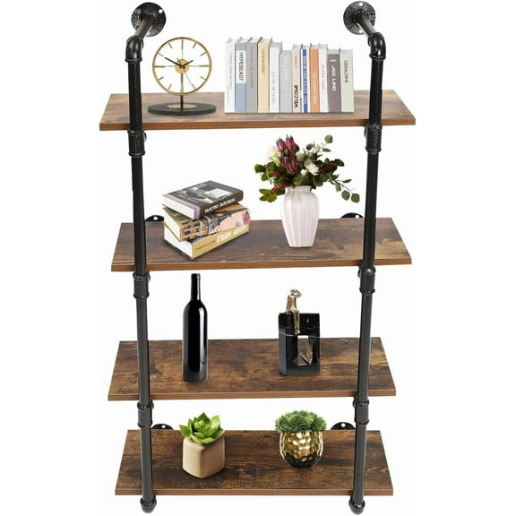 Pipe Shelving Wall Mounted, 24 in Rustic Metal Floating Shelves, Steampunk Real Wood Book Shelves,Bookshelf Hanging Wall Shelves, Farmhouse Kitchen Bar Shelving (4 Tier)