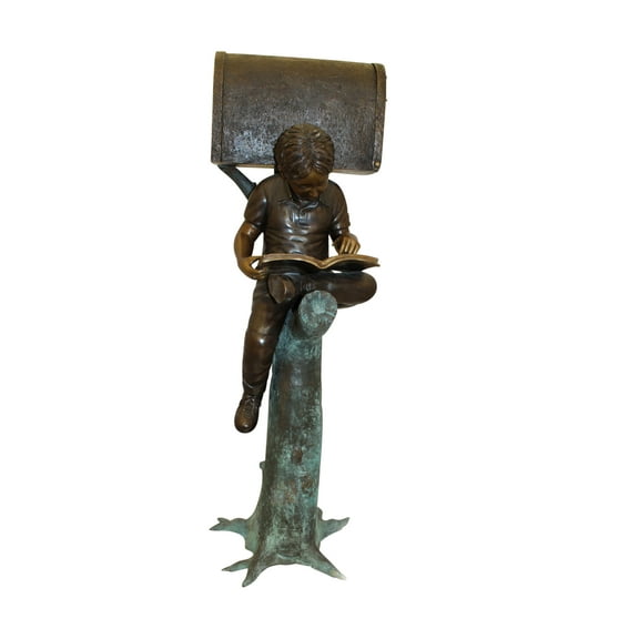Nifao Boy Sitting by a Mailbox reading a book Bronze Statue – Bronze Statue, Home Decor, 16"L x 20"W x 50"H