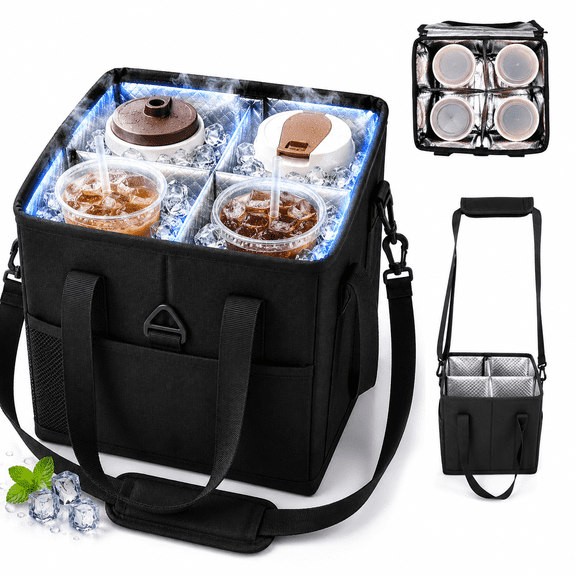 Insulated Drink Carrier Bag with Dividers Portable 4 Cup Beverage Tote with Adjustable Shoulder Strap - Oxford Cloth Cooler Bag for Coffee Cups Water Bottles, Handbag Crossbody, Cloth Construction