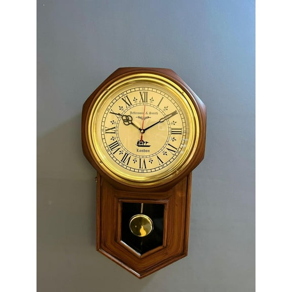 Jefferson & Smith Vintage Wooden Wall Clock with Pendulum – Antique Victorian Style, Silent Quartz Movement, Roman Numerals, Decorative Home & Office Clock