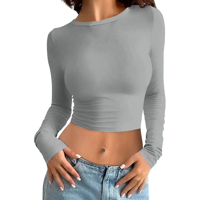 MIASHUI T-Shirt à Manches Longues Court Ajusté Col Rond Uni pour Femmes Couche de Base Gris,P