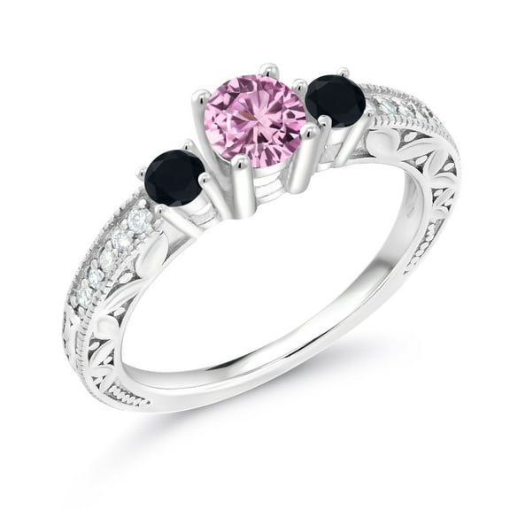 Gem Stone King 0.88 Cttw Round Pink Created Sapphire and Black Onyx 925 Sterling Silver Ring for Women | Gemstone Birthstone | Round 5MM and 3MM (Size 6)