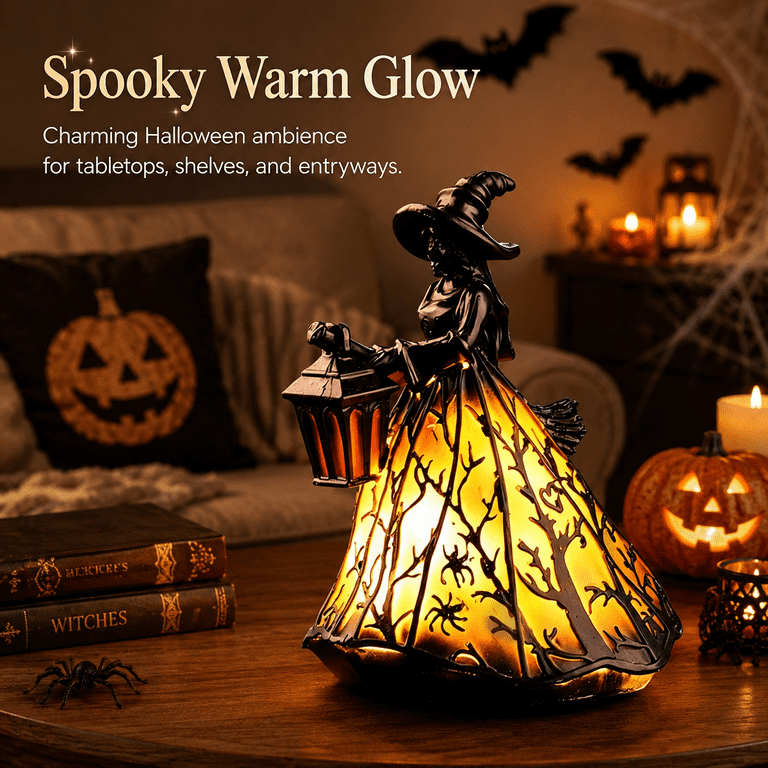 2-Pack Handcrafted Halloween Witch Lamp – Gothic Resin Figurine With Warm Glow, Battery-Powered Spooky Decor For Shelf, Mantel, Or Desk