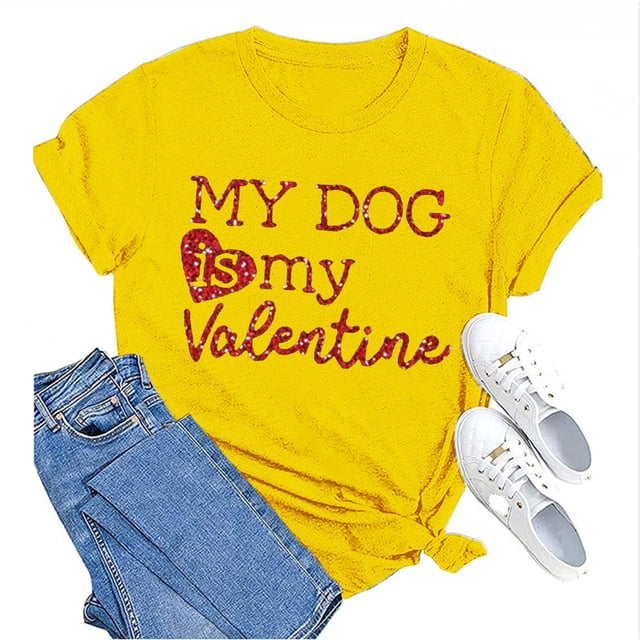 Tittly T-Shirts pour Femmes T-Shirts Graphiques Saint-Valentin Mon Chien Est Mon Saint-Valentin Imprimé Chandail en Molleton Décontracté Imprimé Col Rond T-Shirt Chandail pour Femmes T-Shirts Hauts Femmes Jaune TG
