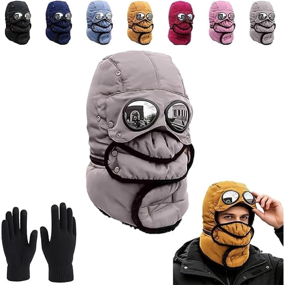 Winter Thermal Hat with Glasses Winter Pilot Hat Trapper Hats with Removeable Mask for Men Women