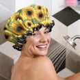 thumbnail image 5 of Shower Caps,Green Sunflower Pattern Waterproof Shower Cap for Women 4 Pieces,Double Reusable Hair Cover for Shower PEVA Elastic Stretch Hem, 5 of 7