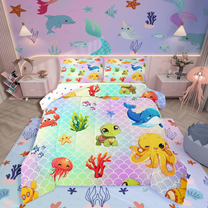 Manfei Kawaii Octopus Turtle Whale Jellyfish 2pcs Bedding Comforter Set,Marine Animal Twin Comforter Sets,Gradient Mermaid Tail Breathable Bedding Set,Microfiber Kids Bedroom Decor,Reversible