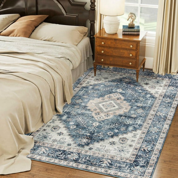 Resenkos 5x7 Vintage Washable Area Rug - Non-Slip Carpet for Living Room, Bedroom, Dining Room, Blue